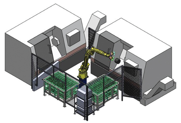 A complete robotic cell tending to two CNC turning centers